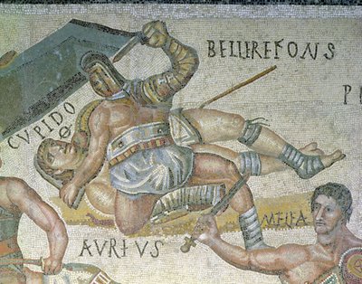 Kampf zwischen Gladiatoren, Detail eines Gladiators, der einen anderen zu Boden drückt, 320 n. Chr. von Roman