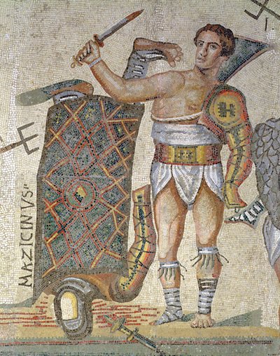 Kampf zwischen Gladiatoren, Detail eines siegreichen Gladiators, 320 n. Chr. (Mosaik) von Roman