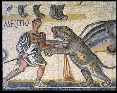 Kampf der Gladiatoren gegen die Wildkatzen, Detail darstellend einen Gladiator, der durch eine Wildkatze rennt, 320 n. Chr. von Roman