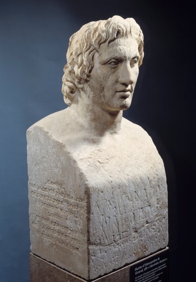 Büste von Alexander dem Großen, bekannt als „Hermes Azara“, römische Arbeit nach einer Bronzestatue von Lysippos. Um 330 v. Chr. Paris, Louvre Museum von Roman