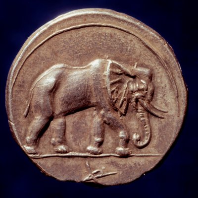 Karthagische Zivilisation: Medaille, die einen Elefanten darstellt, der es dem karthagischen General Hannibal ermöglichte, die Alpen zu überqueren von Roman