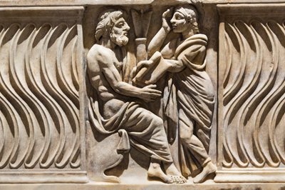 Dekoration auf einem Sarkophag, Bild eines Philosophen und einer Muse von Roman