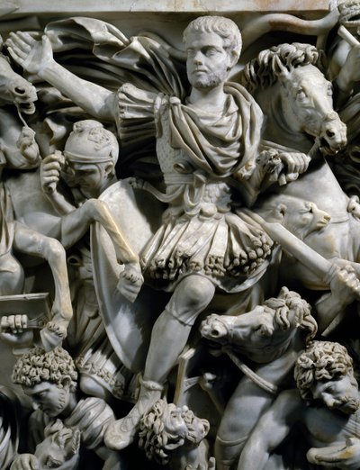 Reiterporträt von Hostilianus, Sohn von Kaiser Decius, zusammen mit seinen Wachen zu Pferd, Detail vom Großen Ludovisi-Sarkophag mit Relief, das die Schlacht zwischen Römern und Ostgoten darstellt, ca. 260, Römische Zivilisation, 3. Jahrhundert von Roman