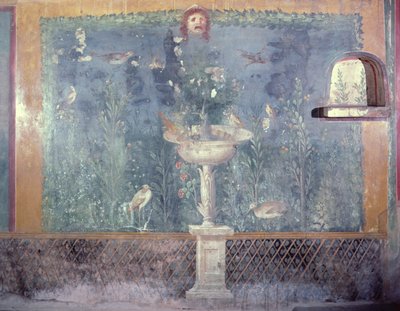 Brunnen, Maske und Vögel, Haus der Venus in der Muschel, Pompeji, Italien (Fresko) von Roman