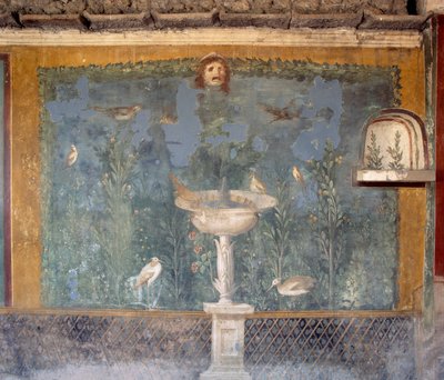 Fresko mit Brunnen, Maske und Vögeln, Haus der Venus in der Muschel, Pompeji (Unesco-Welterbeliste) von Roman