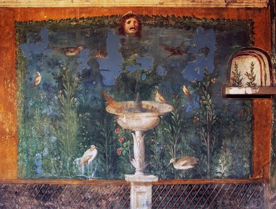 Fresko mit Brunnen, Maske und Vögeln, Haus der Venus in der Muschel, Pompeji, Kampanien, Italien, römische Zivilisation von Roman