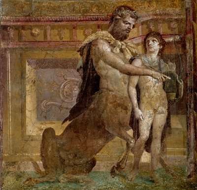 Griechische Mythologie: der Zentaur Chiron und das Kind Achilles. Fresko aus der Basilika von Herculaneum (Basilica di Ercolano). Römische Kunst, Neapel, Museo Archeologico Nazionale von Roman
