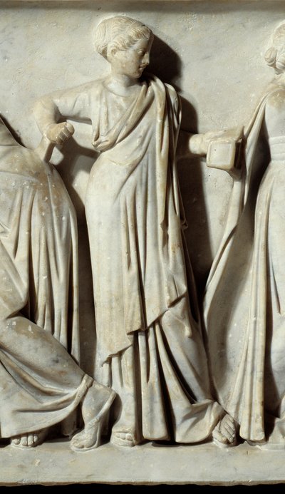 Die Muse Kalliope, Detail des Sarkophags der Musen: Darstellung der Musen, Göttinnen der Künste und Briefe. Marmorskulptur. 150 n. Chr. von Roman
