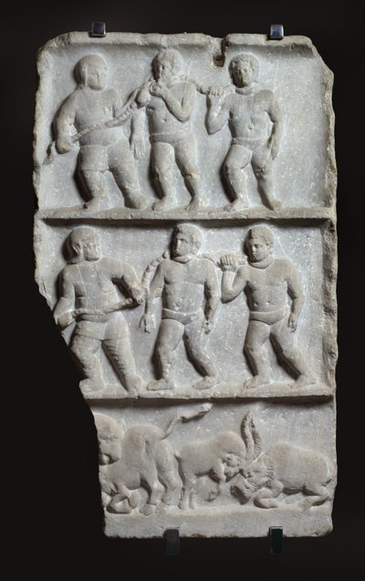 Marmorrelief mit 3 Registern: Sklaven in Ketten und Tiere, um 200 n. Chr. von Roman