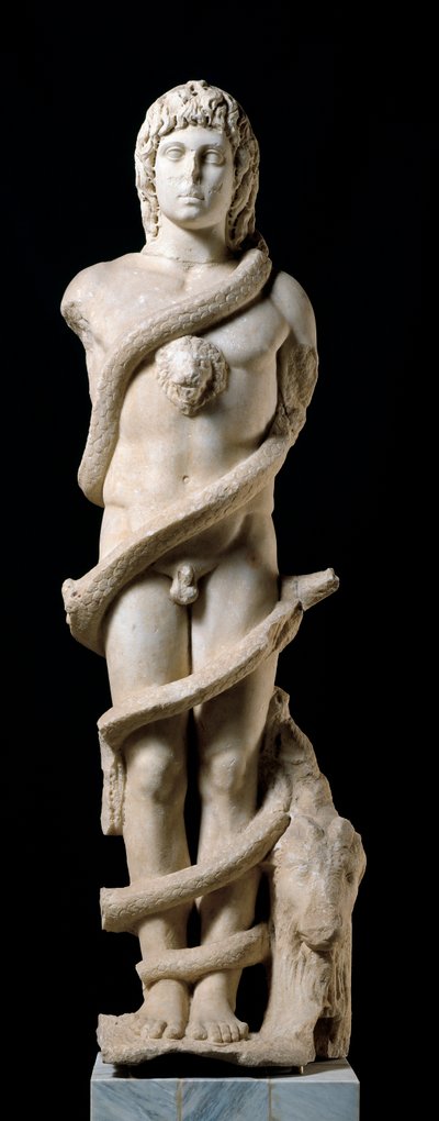 Mithraskult: Darstellung der Gottheit Mithras mit Chronos, der rollenden Schlange, Symbol der Zeit. Marmorskulptur aus dem 2. Jahrhundert n. Chr. von Roman
