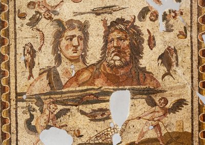Oceanus und Tethys, Mosaik aus dem antiken Daphne, Harbiye, Türkei. Römische Zivilisation, 4. Jahrhundert n. Chr. von Roman