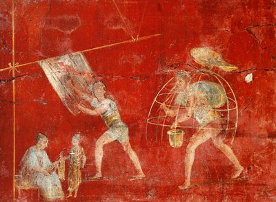 Säulenfresko, das die Wollherstellung darstellt, aus Pompeji, Fullonica von Veranio Ipseo von Roman