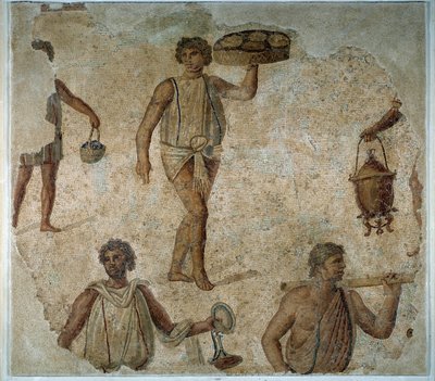 Vorbereitungen für ein dionysisches Fest: Sklave serviert ein Mosaikmahl aus Karthago. 2. Jahrhundert n. Chr. Paris, Louvre von Roman