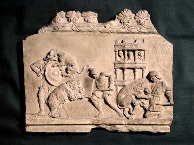 RÖMISCHE KUNST: Bassrelief in Terrakotta mit drei kämpfenden Gladiatoren von Roman