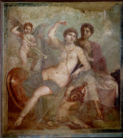 Darstellung von Ares und Aphrodite, begleitet von Liebesgöttern, die mit den Waffen des Gottes spielen. Fresko aus der Villa von Mars und Venus in Pompeji. 1. Jahrhundert n. Chr. Archäologisches Museum von Neapel von Roman