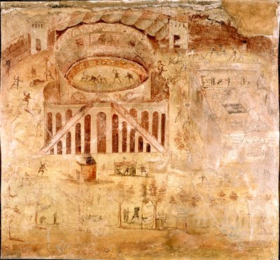 Römische Kunst: „Gewaltsamer Kampf zwischen den Bewohnern von Nocera und den Pompejanern im Amphitheater von Pompeji im Jahr 59 n. Chr.“ Detail eines Freskos. 1. Jahrhundert n. Chr. Vom Pompeji-Gelände. Neapel, Museo Archeologico Nazionale von Roman