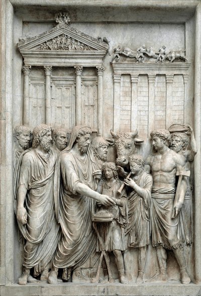 Römischer Kaiser Marcus Aurelius opfert vor dem Tempel des Jupiter, Rom, ca. 161-180 (Marmorrelief) von Roman
