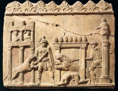 Römisches Relief mit Löwen und Gladiatoren im Zirkus von Roman