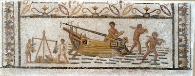 Römische Antiquität: Entladen einer Holzladung von einem Schiff und Wiegen von Blei von Roman
