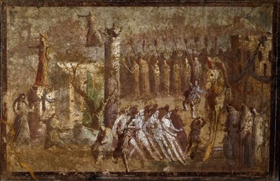 Römische Kunst: „Tabula Iliaca“ Einzug des Trojanischen Pferdes. Die Trojaner ziehen das Pferd zu den Mauern, während Cassandra versucht, sie aufzuhalten. Fresko aus Pompeji. Neapel, Museo Archeologico Nazionale von Roman