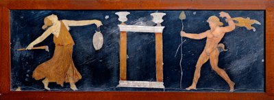 Römische Kunst: Eine Mänade und ein Satyr tanzen in der Nähe eines Tempels von Roman
