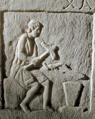 Römische Kunst: Detail einer Stele, die einen Schmied darstellt, der Metall auf einem Amboss schlägt. Aus Konstantinopel. 1. Jahrhundert v. Chr. Istanbul, Archäologisches Museum von Roman