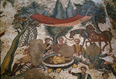 Römische Kunst: Detail des Mosaiks „Die kleine Jagdgesellschaft“ von Roman