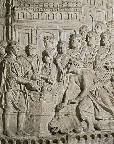 Römische Kunst: Flachrelief, das Sarmaten zeigt, die den Römern Tribut zollen (Reliefs der Säule des Marc-Aurele, 2. Jahrhundert n. Chr.) von Roman