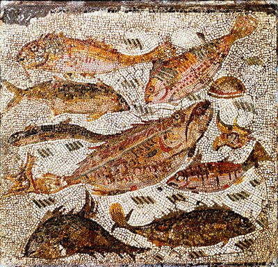 Römische Kunst: Mosaik, das Fische darstellt. 1. oder 2. Jahrhundert n. Chr. Aus der Villa dei Settimii, Via Cassia. Museo Nazionale Romano, Rom von Roman