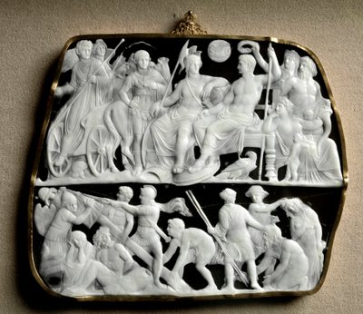 Römische Kunst: Onyx-Kamee, hergestellt vom Bildhauer Dioskurides auf zwei Ebenen. Oben begrüßt Kaiser Augustus, umgeben von mythologischen Göttern, seinen Nachfolger Tiberius. von Roman