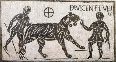 Römische Kunst: „Zwei Frauen zähmen einen Tiger“ (Mosaik aus Castro Pretorio in Rom) von Roman