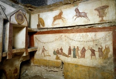 Römische Kunst: „junge Leute spielen“ Fresken, die ein Grab an der Via Portuense schmücken. 2. Jahrhundert. Höhe 90 cm Rom, Museo Nazionale Romano (o delle Terme) Italien von Roman