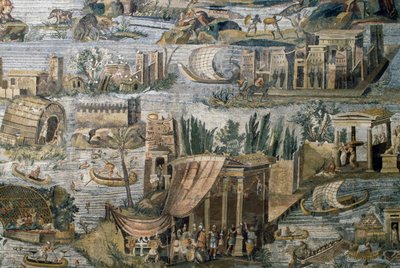Tempel entlang des Nils, Detail aus dem Nil-Mosaik der Überschwemmung des Nils in Ägypten, aus dem Heiligtum der Fortuna Primigenia in Palestrina, Latium, Italien, römische Zivilisation von Roman
