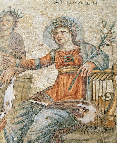 Das Apollo und Marsyas Mosaik, Detail von Plinius und Apollo, Haus des Aion, Paphos, Zypern von Roman