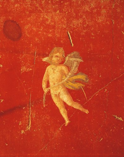 Cherub auf rotem pompejanischen Hintergrund, Fresko im vierten pompejanischen Stil, aus dem Haus des Pinario Ceriale, Pompeji, Kampanien, römische Zivilisation von Roman Roman