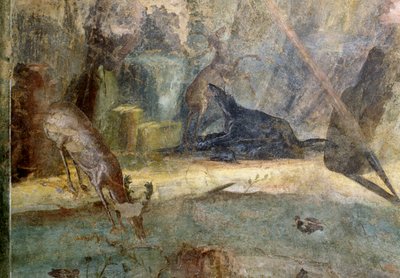 Hirsch von Hund angegriffen, Detail von Actaeon, der von seinen Hunden verschlungen wird, Fresko aus dem Haus des Menander, Pompeji (UNESCO-Welterbeliste) von Roman Roman