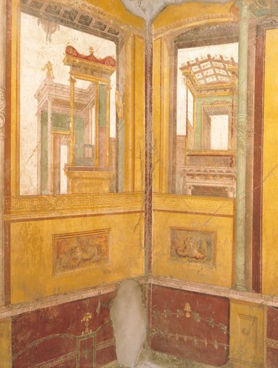 Detail der freskierten Wand in falscher Architektur, Haus der Vettii, Pompeji, Kampanien, römische Zivilisation von Roman Roman