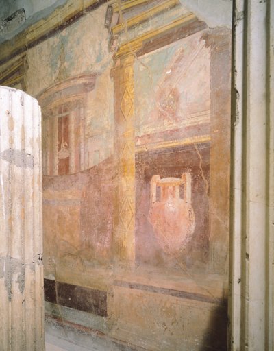Detail der Fresken in der Halle des Tricliniums, Haus des Labyrinths, Pompeji, Kampanien, Römische Zivilisation von Roman Roman