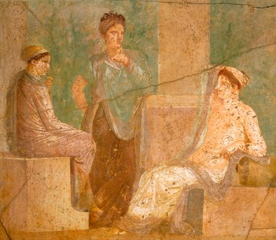 Fresko, das eine Gruppe römischer Damen im Gespräch zeigt, aus dem Haus der alten Jagd, in Pompeji, Kampanien, römische Zivilisation von Roman Roman