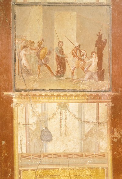 Fresko, das das Treffen von Priamos, Menelaos und Helena sowie Arisace, die Kassandra verfolgt, zeigt, aus dem Haus des Menander, Pompeji, Kampanien, römische Zivilisation von Roman Roman