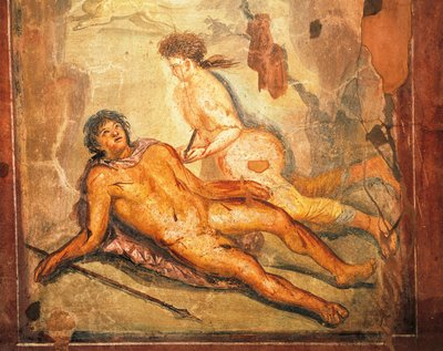 Fresko, das den Mythos von Pyramus und Thisbe darstellt, Haus von Loreio Tiburtino, Pompeji, Kampanien, römische Zivilisation von Roman Roman