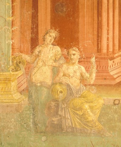 Fresko im vierten pompejanischen Stil auf rotem Hintergrund, Haus des Pinario Ceriale, Pompeji, Kampanien, römische Zivilisation von Roman Roman