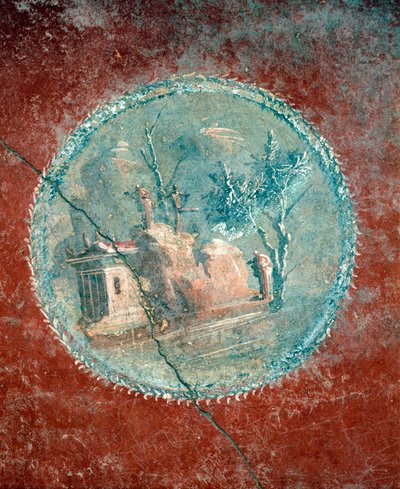 Medallion mit Landschaft auf gelbem Hintergrund, Fresko aus dem Haus des Menander, Pompeji, Kampanien, römische Zivilisation von Roman Roman
