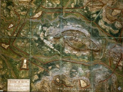 Modell, das die Belagerung und die Schlacht von Alesia im September 52 v. Chr. durch Julius Caesar zeigt, die zur Niederlage von Vercingetorix führte. Maßstab 1:1000. Rom, Museo della Civiltà Romana von Roman Roman