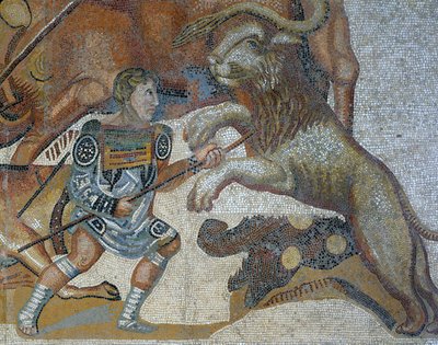 Mosaik mit einer Szene einer wilden Jagd, (Detail) eines Gladiators, der ein wildes Tier tötet von Roman Roman