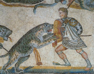 Mosaik mit einer Szene einer wilden Jagd, (Detail) eines Gladiators, der ein wildes Tier tötet von Roman Roman