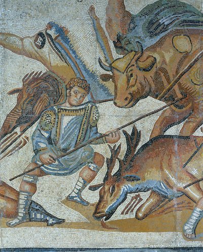 Mosaik mit einer Szene einer wilden Jagd, (Detail) eines Gladiators, der ein Tier tötet von Roman Roman
