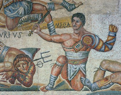 Mosaik mit einer Szene kämpfender Gladiatoren, (Detail) eines triumphierenden Gladiators von Roman Roman