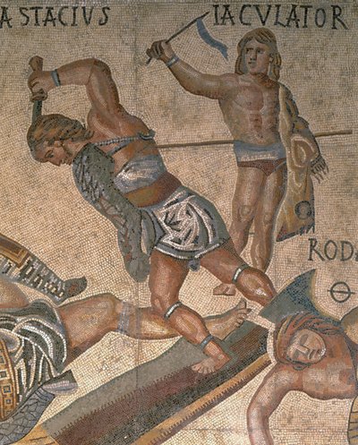 Mosaik mit einer Szene kämpfender Gladiatoren, (Detail) eines Gladiators in Rüstung von Roman Roman