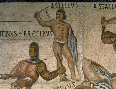 Mosaik mit einer Szene kämpfender Gladiatoren, (Detail) eines Gladiators in Rüstung von Roman Roman